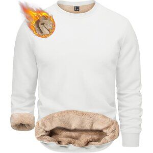 Mens Crewneck Sweatshirt Fleece Lined Warm White Outdoor Long Sleeve Pullover
